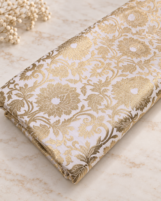 White and Gold Jacquard Brocade Fabric, Wedding inspiration, Floral brocade, Metallic brocade, Rayon silk brocade - NFAF552