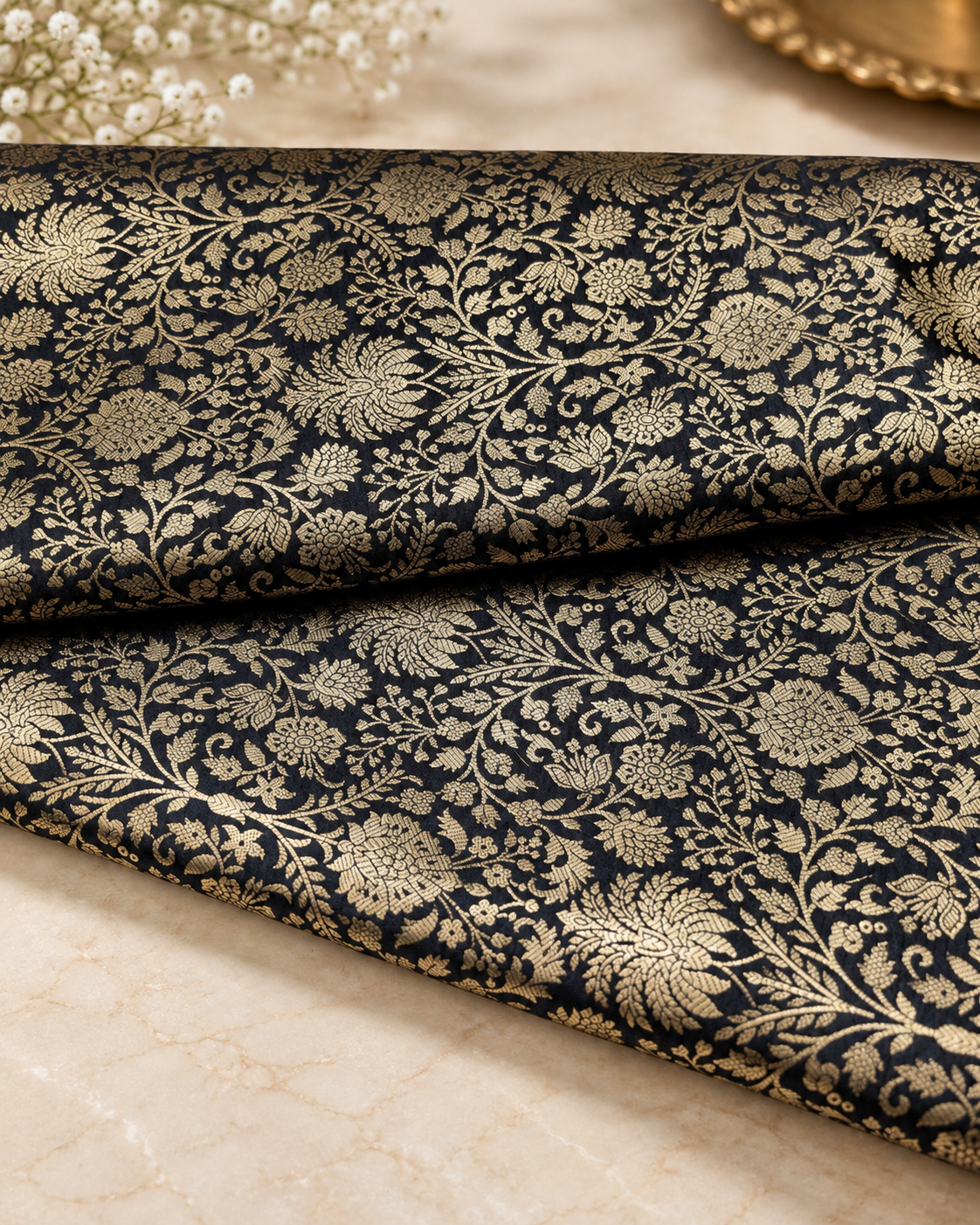 Indian Brocade fabric Jacquard damask fabric Black Gold fabric Wedding bridal fabric Luxury dress fabric Upholstery fabric by the yard NFAF558