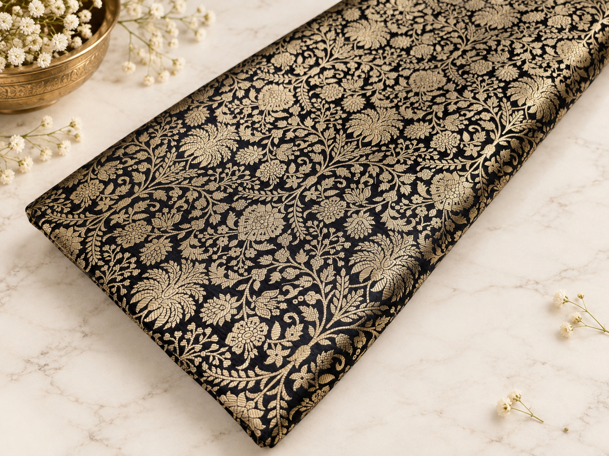 Indian Brocade fabric Jacquard damask fabric Black Gold fabric Wedding bridal fabric Luxury dress fabric Upholstery fabric by the yard NFAF558
