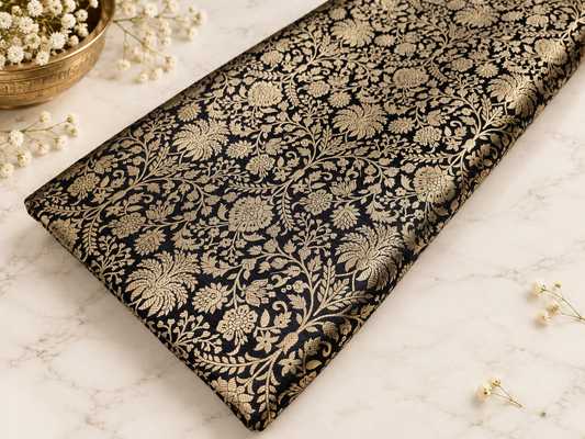 Indian Brocade fabric Jacquard damask fabric Black Gold fabric Wedding bridal fabric Luxury dress fabric Upholstery fabric by the yard NFAF558