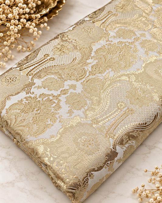 Indian Brocade fabric by the yard Off White and gold Jacquard fabric Wedding dress bridal fabric silk brocade fabric- NFAF562