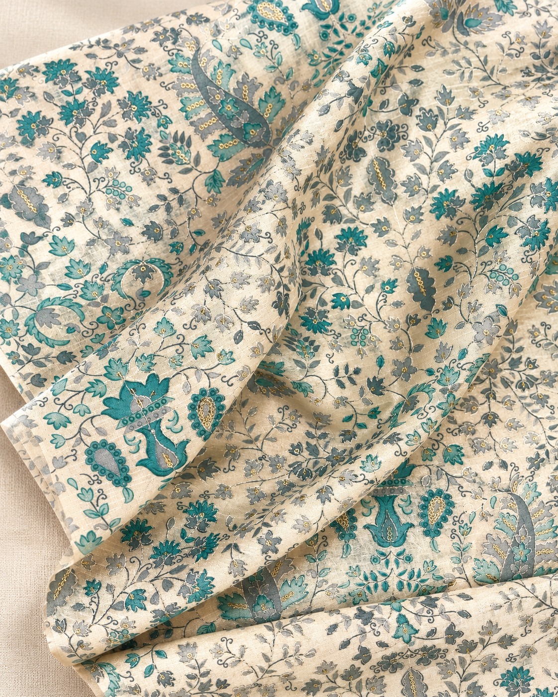Green, gray & gold off white base embroidered fabric, Wedding Fabric, Indian fabric, Floral design, Couture fashion, Luxury fabric - NFAF644