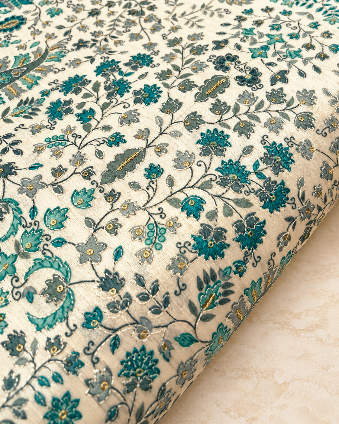 Green, gray & gold off white base embroidered fabric, Wedding Fabric, Indian fabric, Floral design, Couture fashion, Luxury fabric - NFAF644
