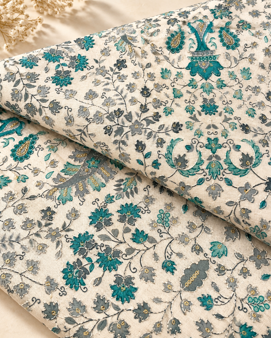 Green, gray & gold off white base embroidered fabric, Wedding Fabric, Indian fabric, Floral design, Couture fashion, Luxury fabric - NFAF644