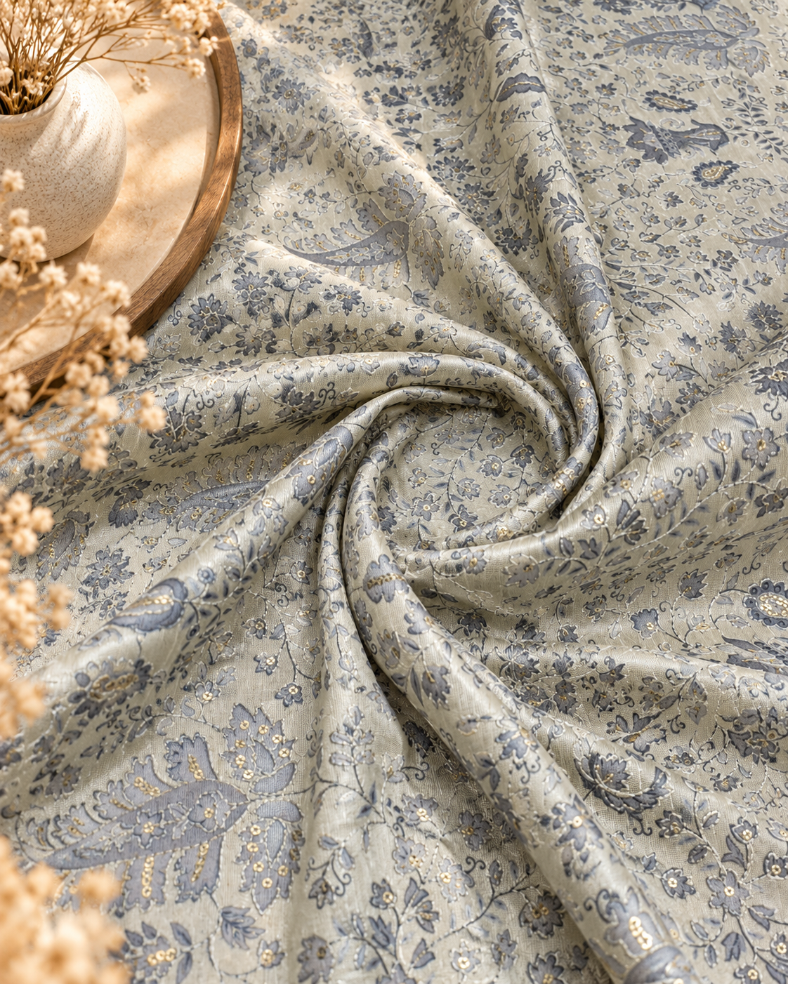 Gray off-White Embroidered fabric Silver Embroidery Printed Fabric Dupioni Silk Wedding Dress Fabric Gown Fabric by the yard - NFAF645