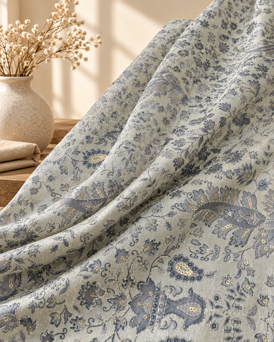 Gray off-White Embroidered fabric Silver Embroidery Printed Fabric Dupioni Silk Wedding Dress Fabric Gown Fabric by the yard - NFAF645