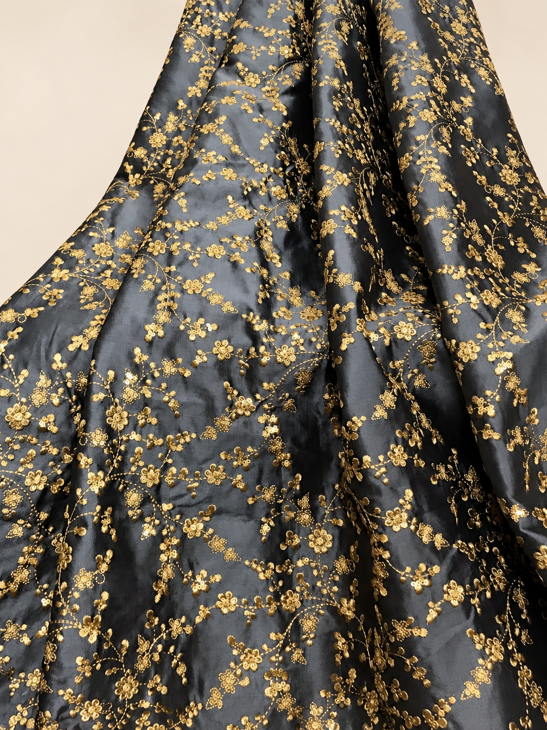 Embroidered fabric, Grey and gold wedding dress fabric, Thread embroidery, Indian fabric, Bridesmaid dress, Luxury fabric, Gold fabric - NFAF700