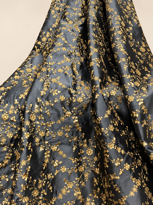 Embroidered fabric, Grey and gold wedding dress fabric, Thread embroidery, Indian fabric, Bridesmaid dress, Luxury fabric, Gold fabric - NFAF700