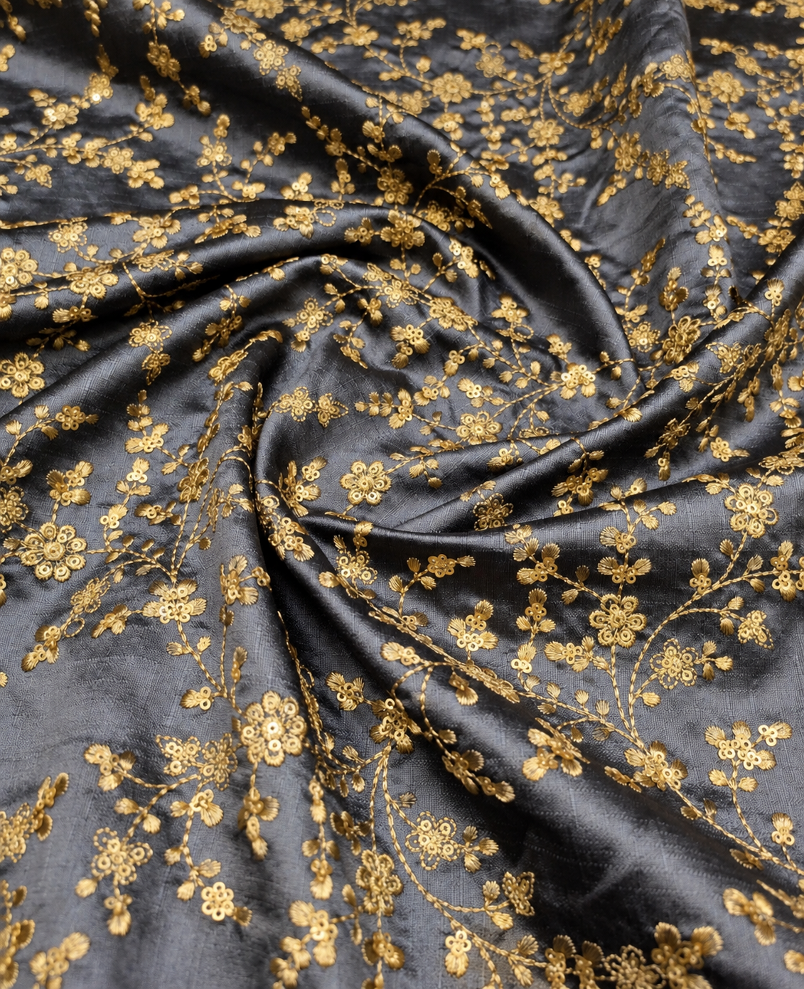 Embroidered fabric, Grey and gold wedding dress fabric, Thread embroidery, Indian fabric, Bridesmaid dress, Luxury fabric, Gold fabric - NFAF700