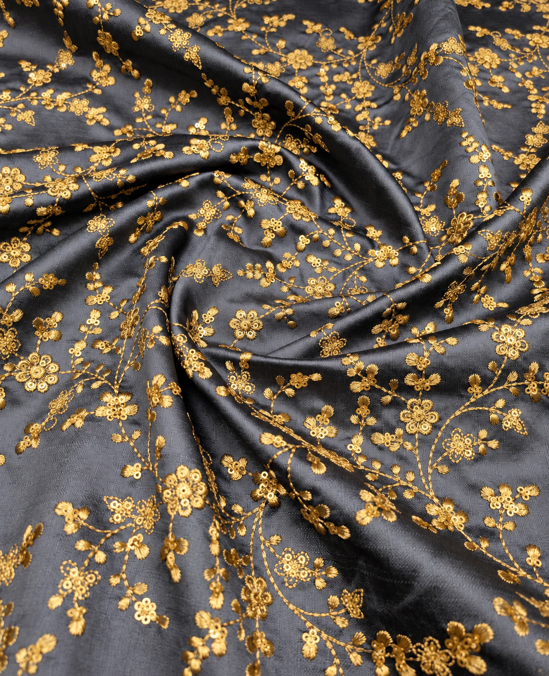 Embroidered fabric, Grey and gold wedding dress fabric, Thread embroidery, Indian fabric, Bridesmaid dress, Luxury fabric, Gold fabric - NFAF700