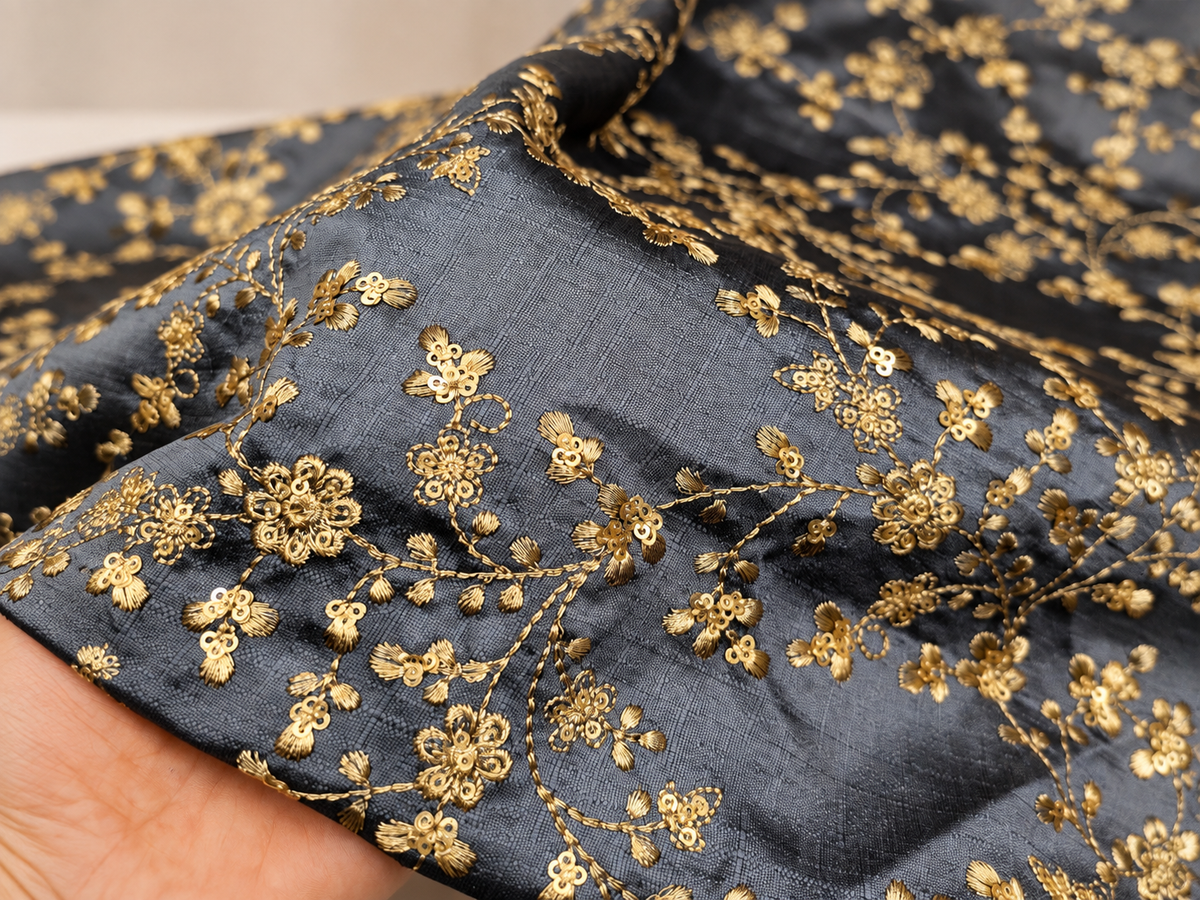 Embroidered fabric, Grey and gold wedding dress fabric, Thread embroidery, Indian fabric, Bridesmaid dress, Luxury fabric, Gold fabric - NFAF700