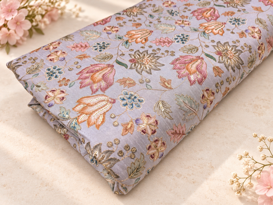 Gray & gold color embroidered fabric, Wedding inspiration, Thread embroidery, Embroidery design, Indian fabric, Handmade, - NFAF719