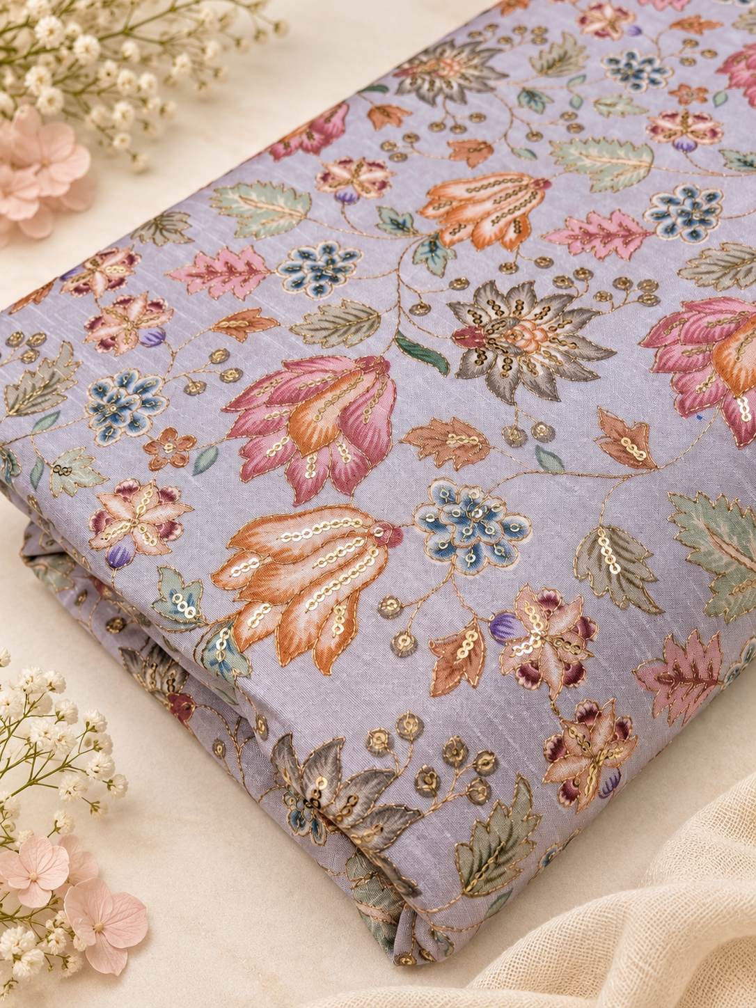 Gray & gold color embroidered fabric, Wedding inspiration, Thread embroidery, Embroidery design, Indian fabric, Handmade, - NFAF719