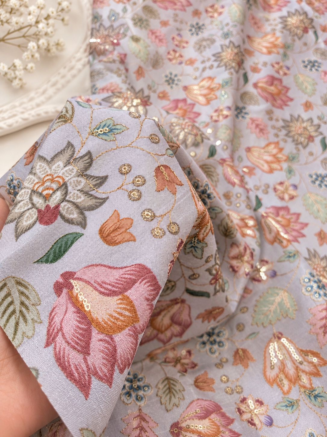 Gray & gold color embroidered fabric, Wedding inspiration, Thread embroidery, Embroidery design, Indian fabric, Handmade, - NFAF719