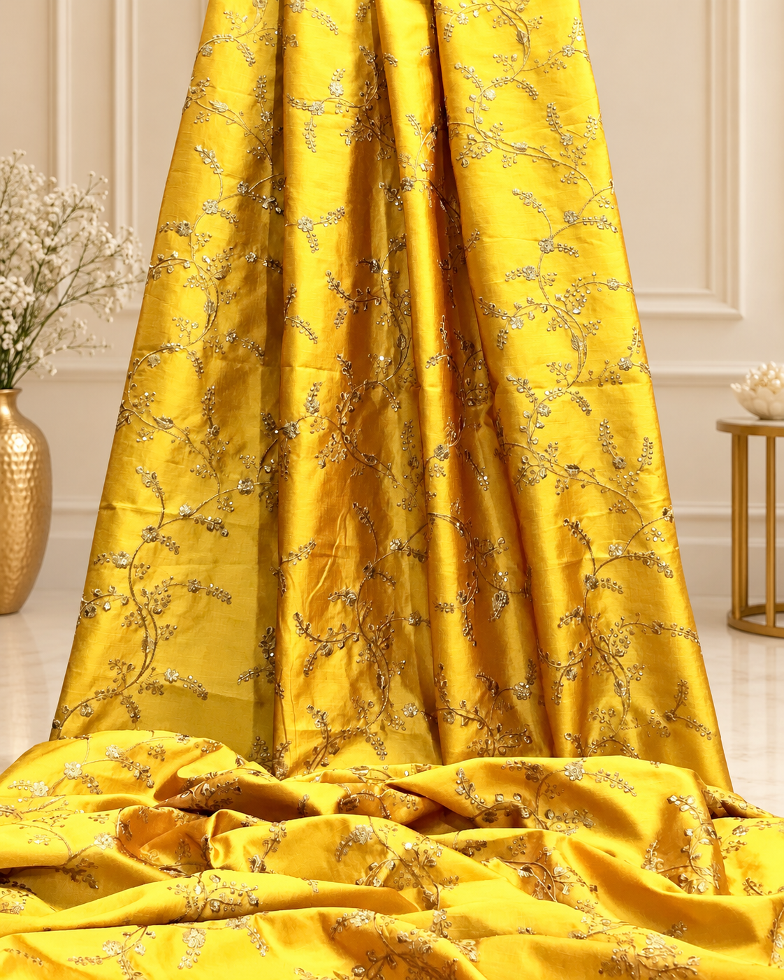 Embroidered fabric, Yellow gold floral design fabric, Luxury fabric, Embroidery design, Handmade, Bridesmaid dress, Thread embroidery - NFAF722