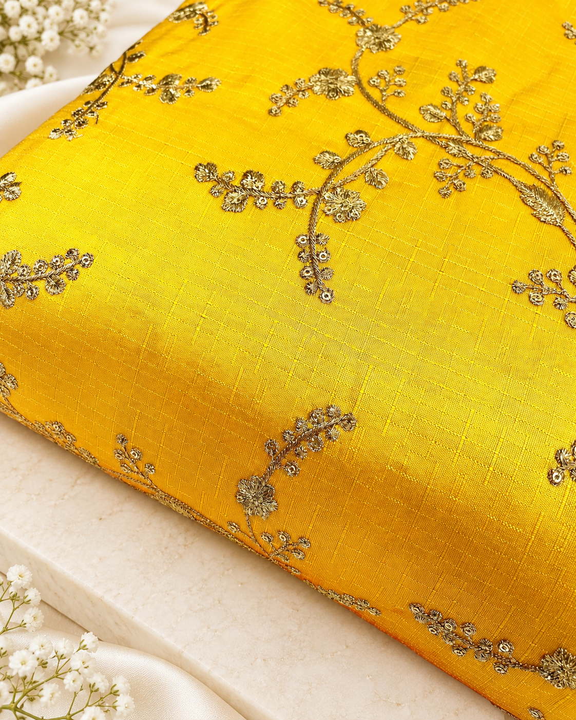 Embroidered fabric, Yellow gold floral design fabric, Luxury fabric, Embroidery design, Handmade, Bridesmaid dress, Thread embroidery - NFAF722
