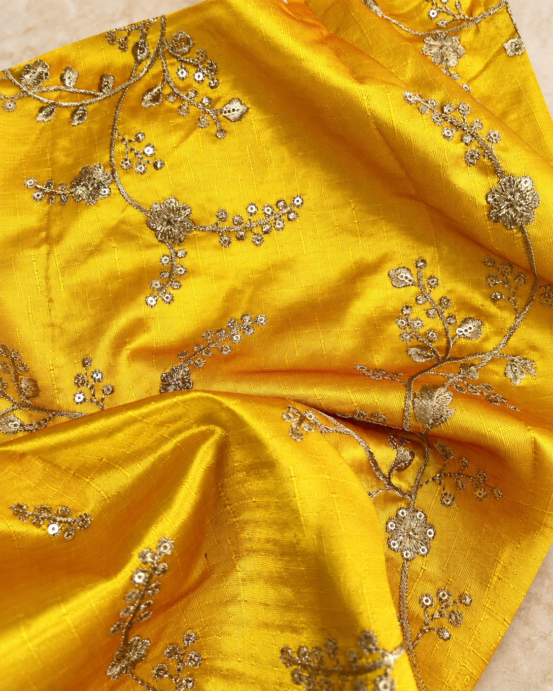 Embroidered fabric, Yellow gold floral design fabric, Luxury fabric, Embroidery design, Handmade, Bridesmaid dress, Thread embroidery - NFAF722