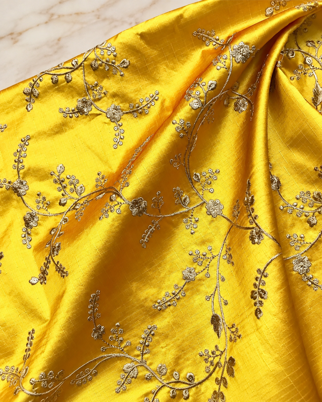 Embroidered fabric, Yellow gold floral design fabric, Luxury fabric, Embroidery design, Handmade, Bridesmaid dress, Thread embroidery - NFAF722