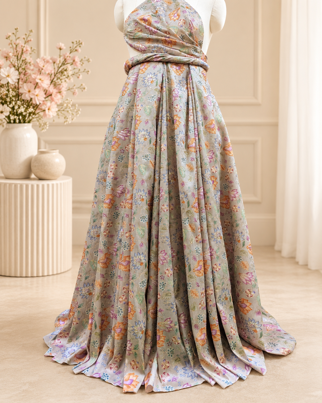 Gray and gold embroidered fabric, Wedding dress, Bridesmaid dress, Embroidery design, Thread embroidery, Fashion fabric - NFAF759