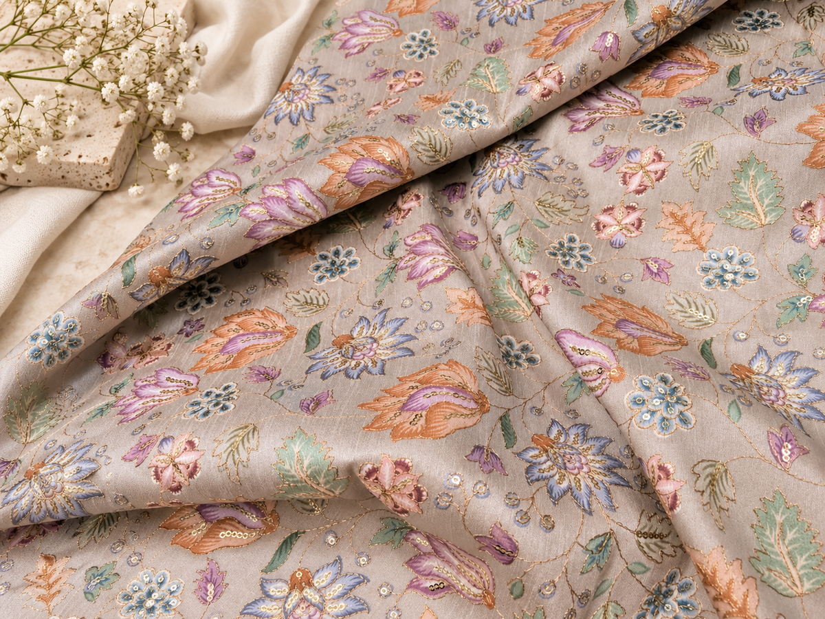 Gray and gold embroidered fabric, Wedding dress, Bridesmaid dress, Embroidery design, Thread embroidery, Fashion fabric - NFAF759