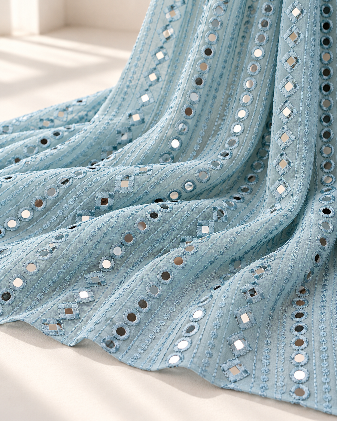 Powder blue embroidered fabric, Georgette foil mirror fabric, Gold fabric, Wedding inspiration, Bridesmaid dress, Fashion fabric, Indian fabric, Thread embroidery - NFAF767