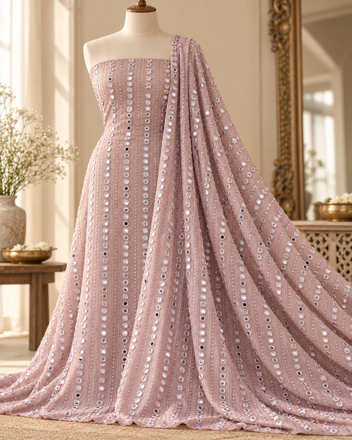 Blush embroidered fabric, Georgette foil mirror fabric, Gold fabric, Wedding inspiration, Bridesmaid dress, Fashion fabric, Indian fabric, Thread embroidery - NFAF783