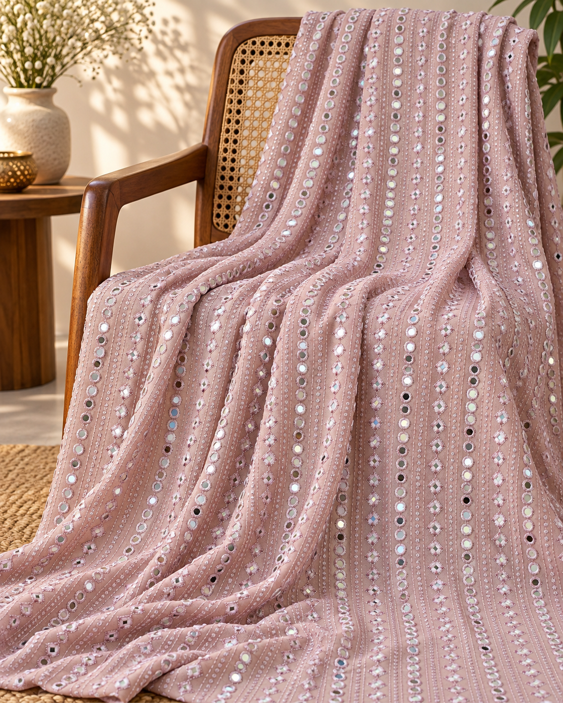 Blush embroidered fabric, Georgette foil mirror fabric, Gold fabric, Wedding inspiration, Bridesmaid dress, Fashion fabric, Indian fabric, Thread embroidery - NFAF783