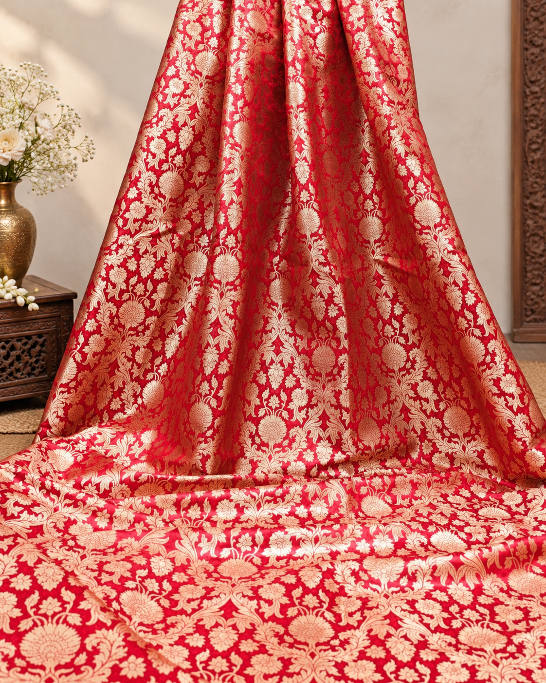 Brocade fabric Red Gold silk Brocade Jacquard Damask Wedding Bridal Indian Dress Banarasi Saree Drapery Brokat tissu fabric by the yard NFAF80
