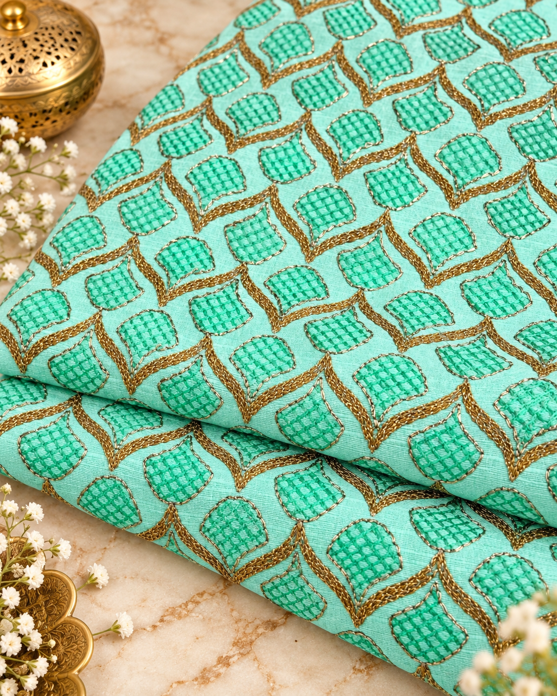 Embroidered fabric, Green Wedding dress fabric, Luxury fabric, Gold fabric, Embroidery design, Haute couture, Bridesmaid dress - NFAF836