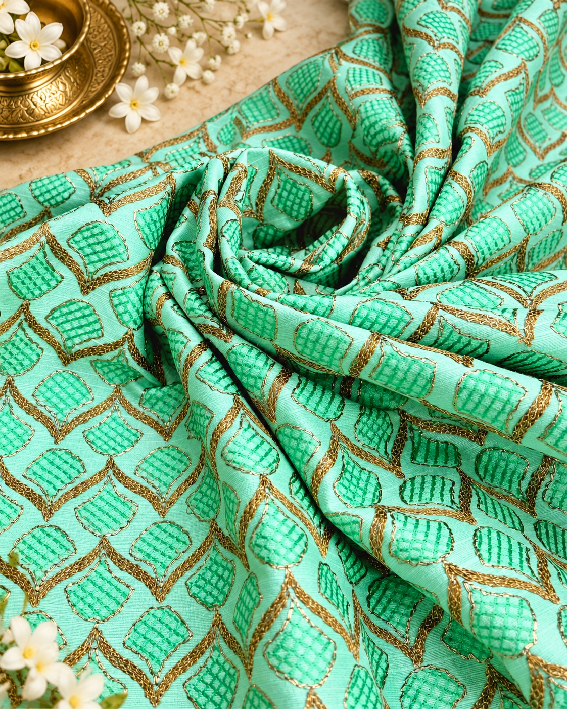 Embroidered fabric, Green Wedding dress fabric, Luxury fabric, Gold fabric, Embroidery design, Haute couture, Bridesmaid dress - NFAF836