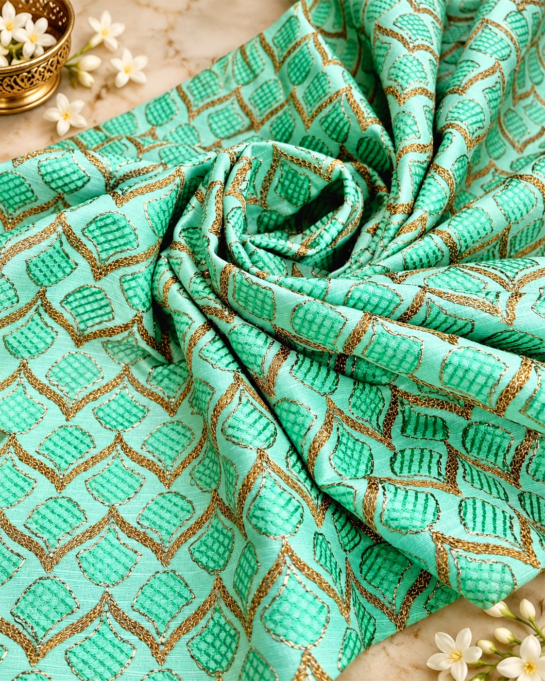 Embroidered fabric, Green Wedding dress fabric, Luxury fabric, Gold fabric, Embroidery design, Haute couture, Bridesmaid dress - NFAF836