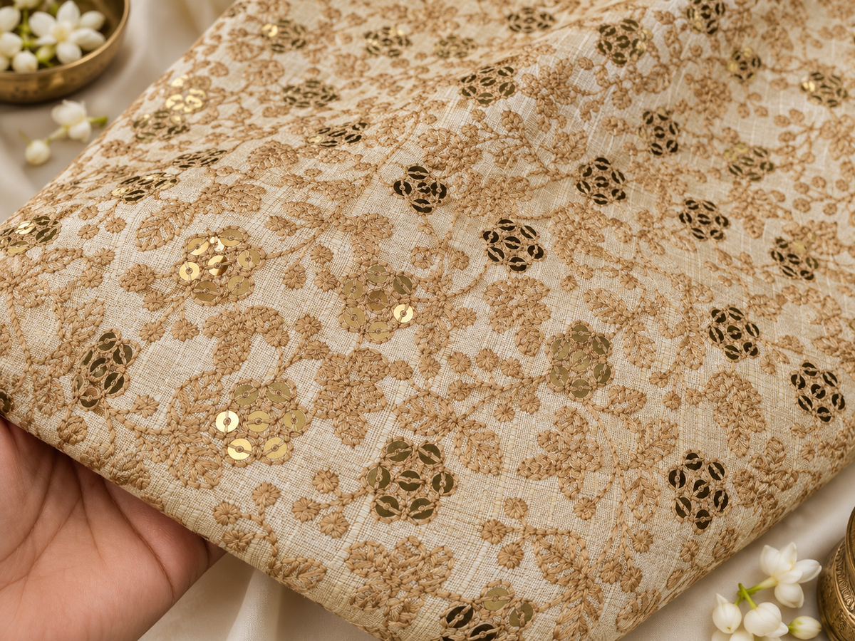 Beige Embroidered fabric, Wedding inspiration, Embroidery design, Thread embroidery, Gold fabric, Haute couture - NFAF845
