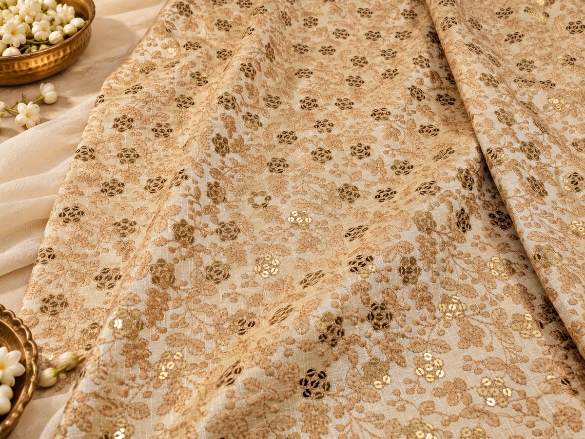 Beige Embroidered fabric, Wedding inspiration, Embroidery design, Thread embroidery, Gold fabric, Haute couture - NFAF845