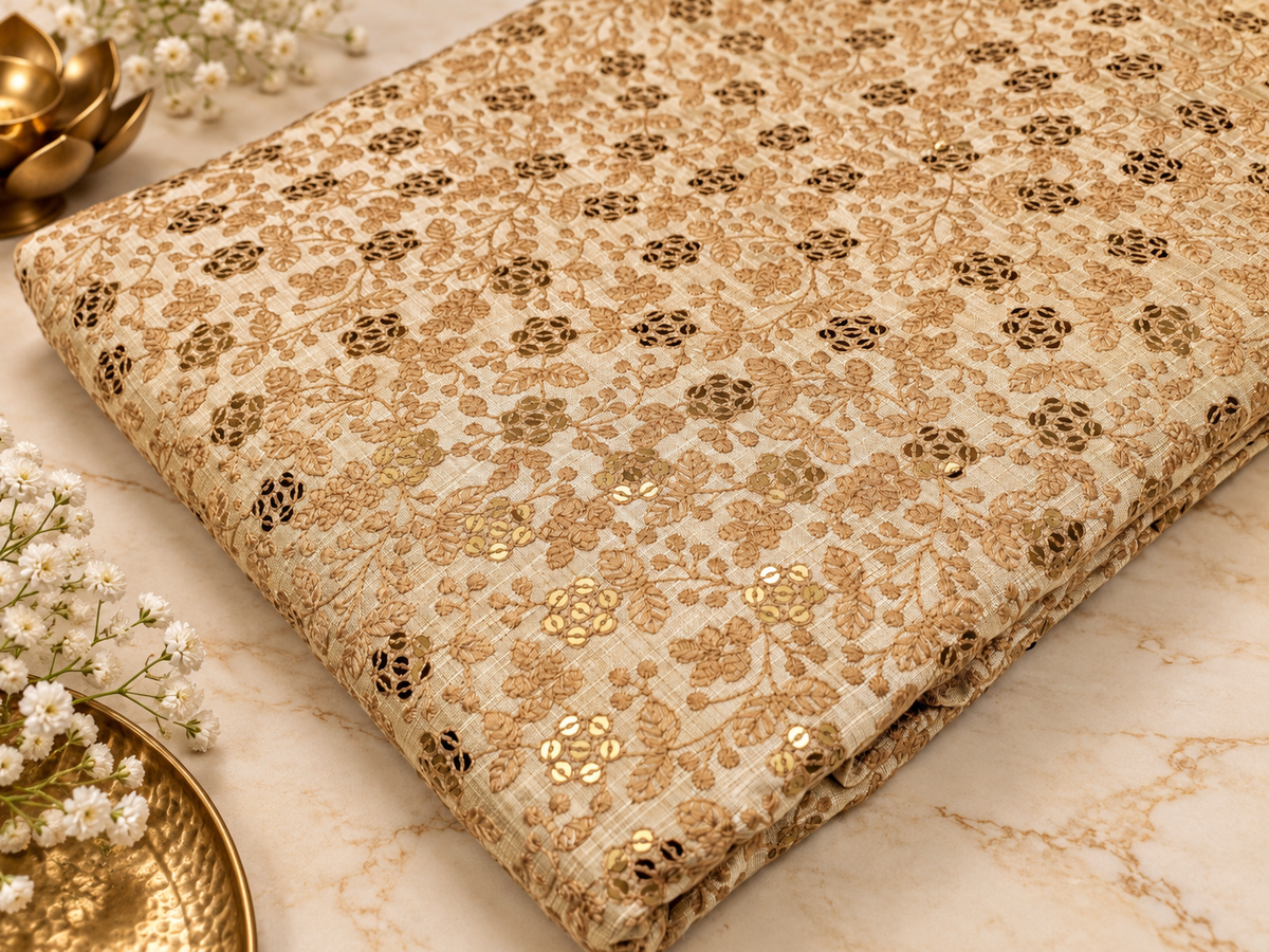 Beige Embroidered fabric, Wedding inspiration, Embroidery design, Thread embroidery, Gold fabric, Haute couture - NFAF845
