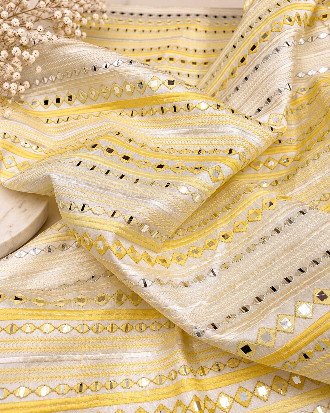 Yellow embroidered fabric, Wedding dress, Fabric store, Luxury fabric, Thread embroidery, Indian fabric, Couture fashion, Royal fabric - NFAF877