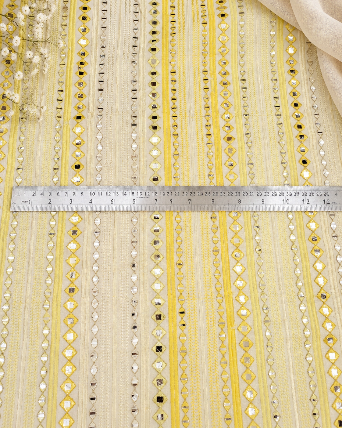 Yellow embroidered fabric, Wedding dress, Fabric store, Luxury fabric, Thread embroidery, Indian fabric, Couture fashion, Royal fabric - NFAF877
