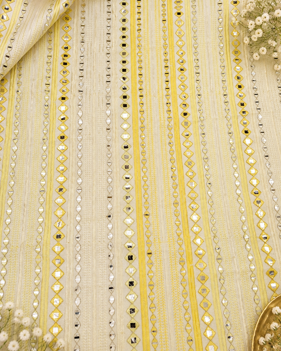 Yellow embroidered fabric, Wedding dress, Fabric store, Luxury fabric, Thread embroidery, Indian fabric, Couture fashion, Royal fabric - NFAF877