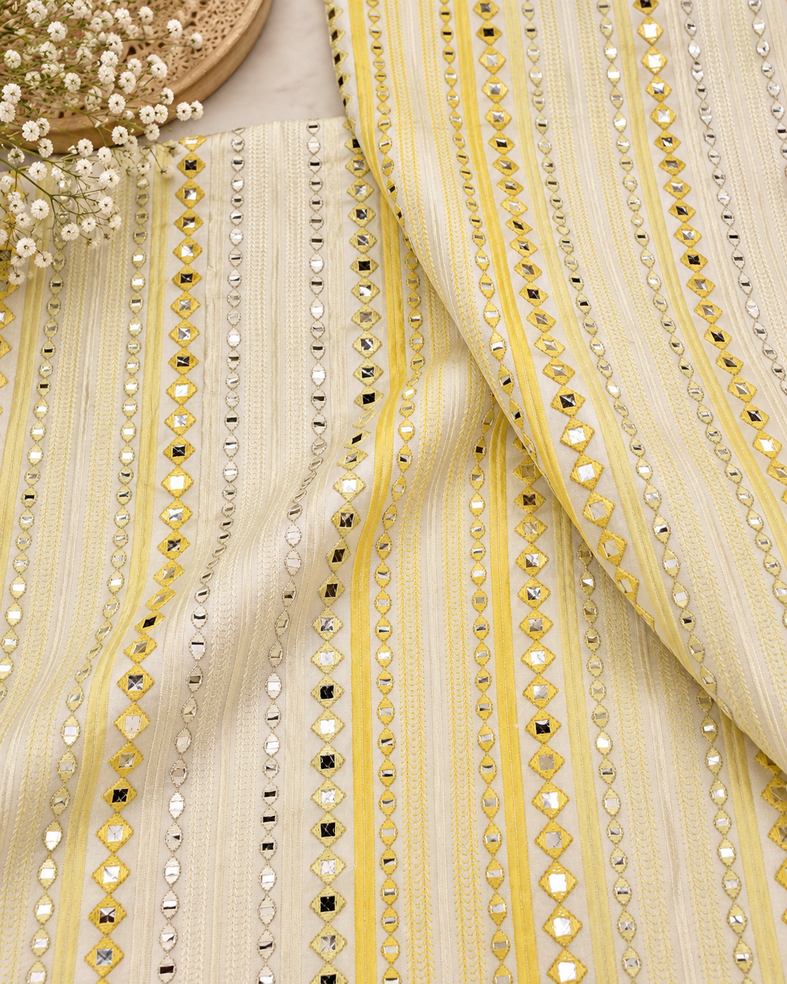 Yellow embroidered fabric, Wedding dress, Fabric store, Luxury fabric, Thread embroidery, Indian fabric, Couture fashion, Royal fabric - NFAF877