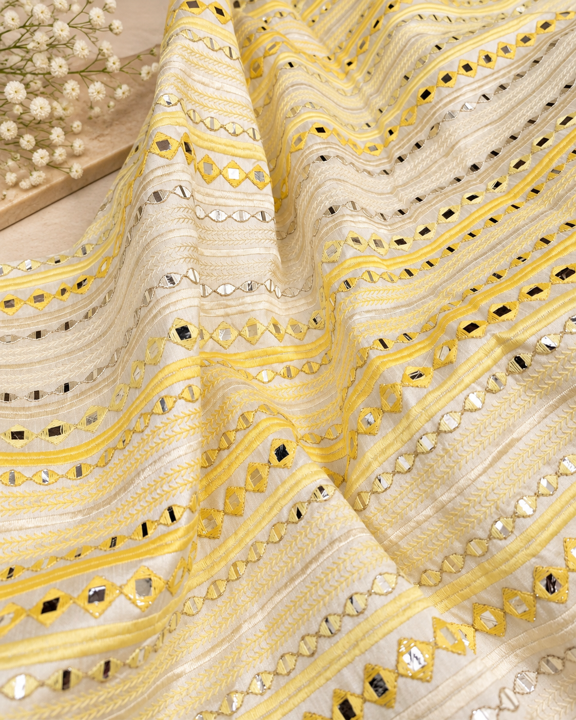 Yellow embroidered fabric, Wedding dress, Fabric store, Luxury fabric, Thread embroidery, Indian fabric, Couture fashion, Royal fabric - NFAF877
