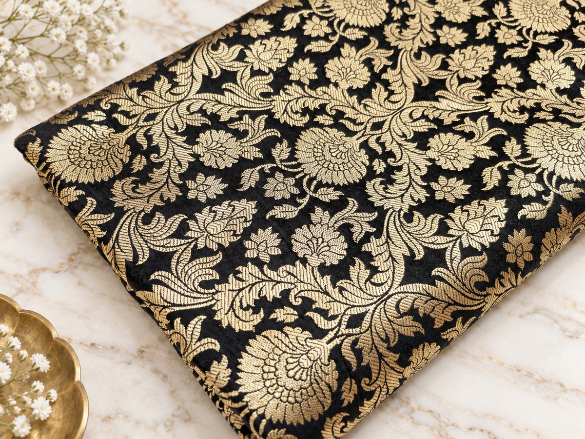 Indian Brocade fabric Jacquard damask fabric Black Gold fabric Wedding bridal fabric Luxury dress fabric Upholstery fabric by the yard NFAF91