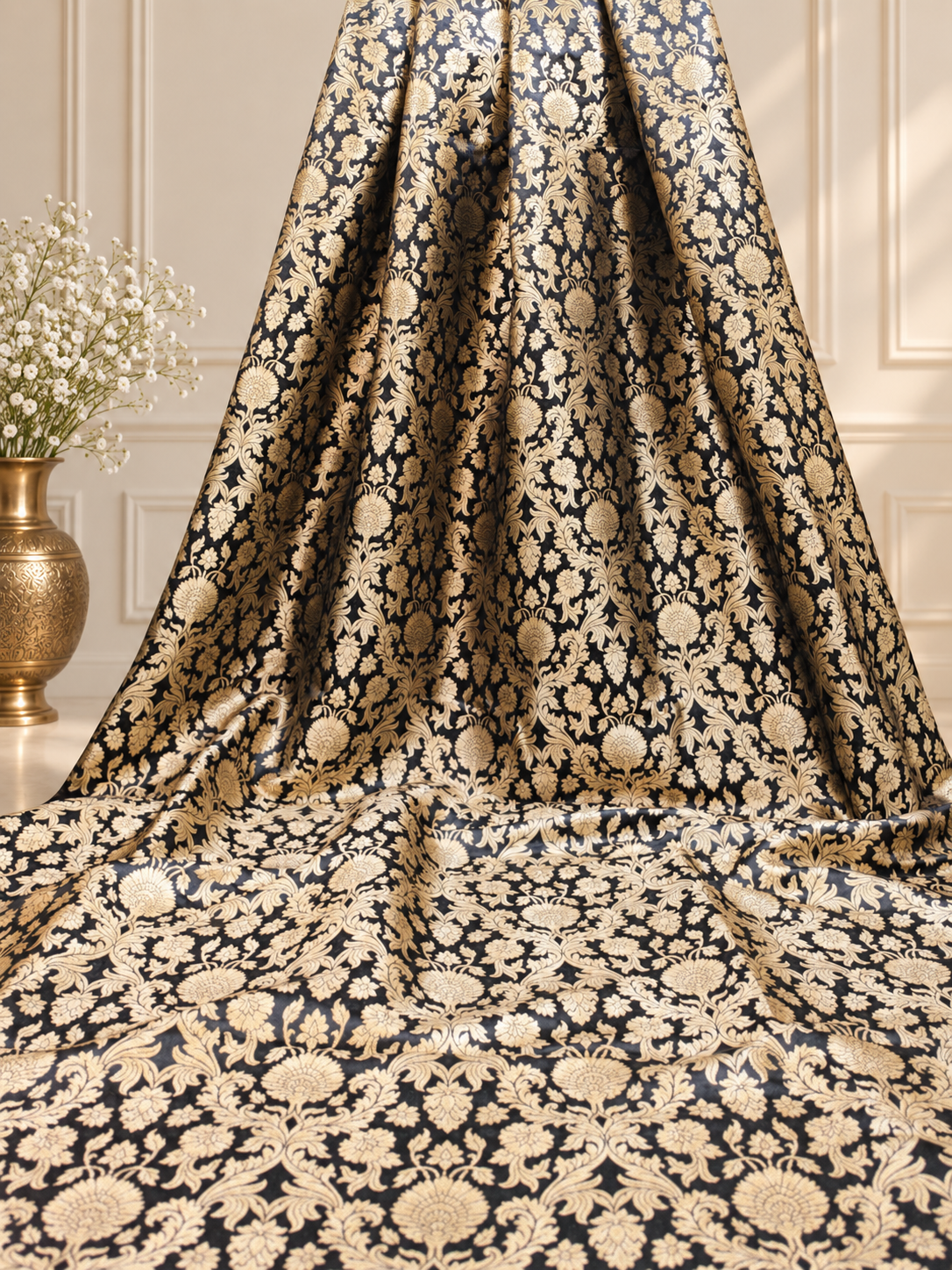Indian Brocade fabric Jacquard damask fabric Black Gold fabric Wedding bridal fabric Luxury dress fabric Upholstery fabric by the yard NFAF91