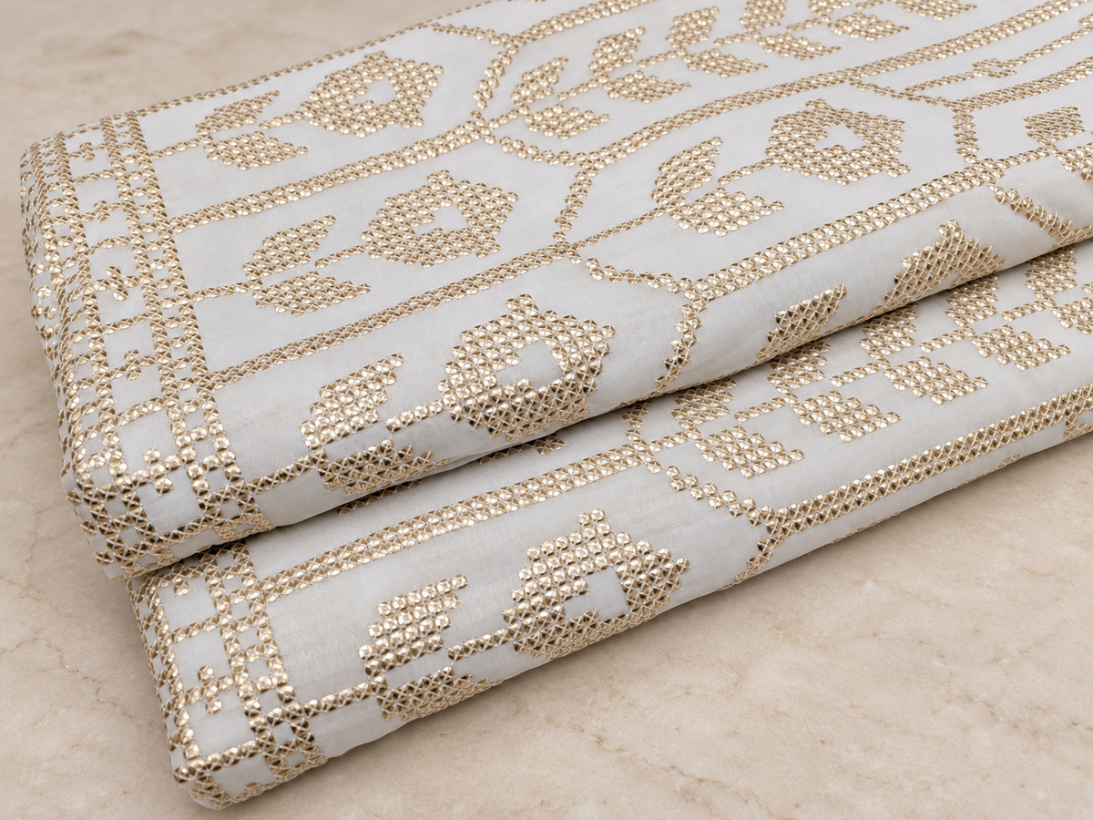 Off-White embroidered fabric, Wedding dress, Royal fabric, Luxury fabric, Fashion fabric, Fabric store, Embroidery art, Indian fabric - NFAF945