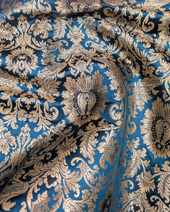 Brocade fabric Teal Gold Jacquard Damask Rayon Silk brocade Fabric Wedding Bridal High Grade Designer fabric by the yard Material NFAF59