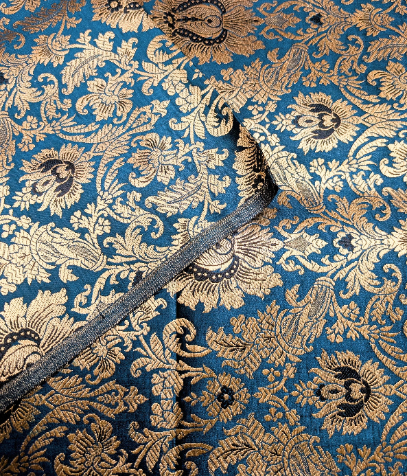 Brocade fabric Teal Gold Jacquard Damask Rayon Silk brocade Fabric Wedding Bridal High Grade Designer fabric by the yard Material NFAF59
