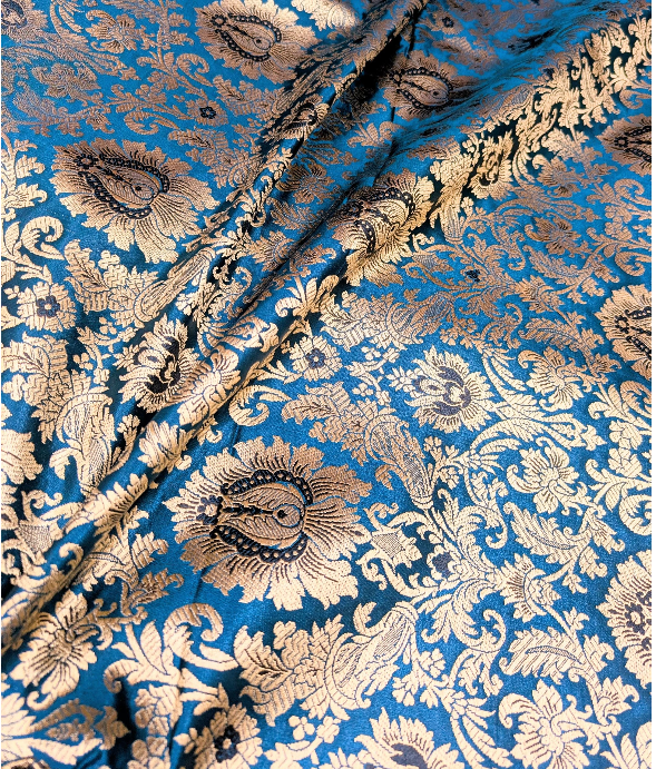 Brocade fabric Teal Gold Jacquard Damask Rayon Silk brocade Fabric Wedding Bridal High Grade Designer fabric by the yard Material NFAF59
