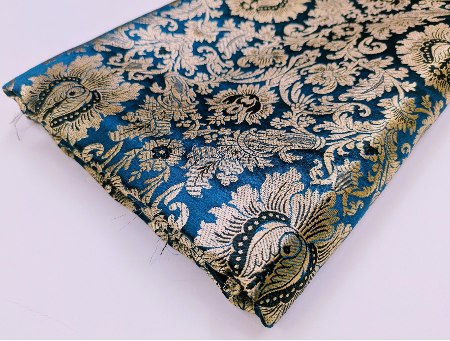 Brocade fabric Teal Gold Jacquard Damask Rayon Silk brocade Fabric Wedding Bridal High Grade Designer fabric by the yard Material NFAF59