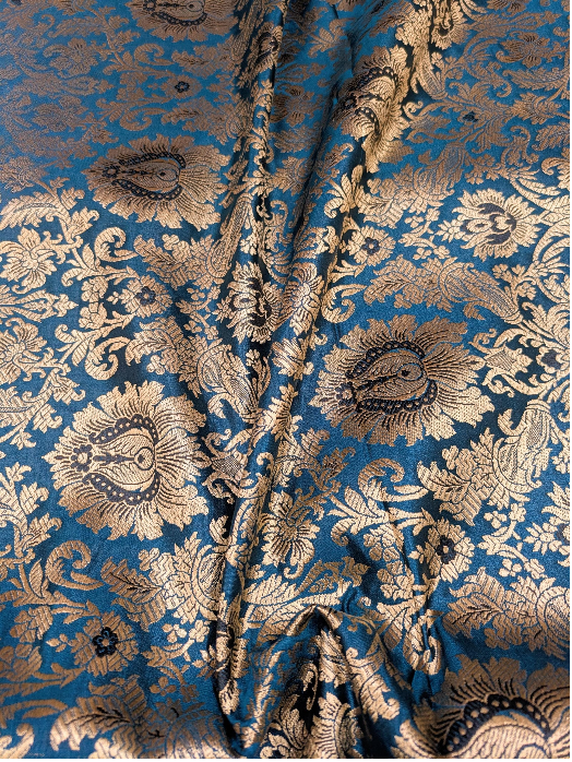 Brocade fabric Teal Gold Jacquard Damask Rayon Silk brocade Fabric Wedding Bridal High Grade Designer fabric by the yard Material NFAF59