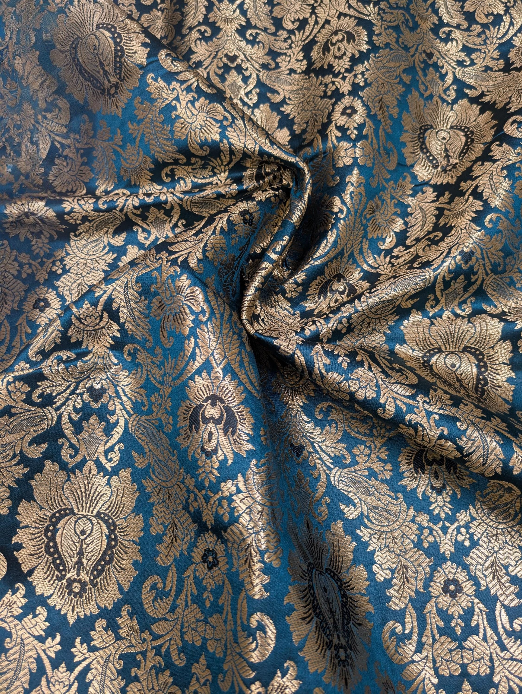 Brocade fabric Teal Gold Jacquard Damask Rayon Silk brocade Fabric Wedding Bridal High Grade Designer fabric by the yard Material NFAF59
