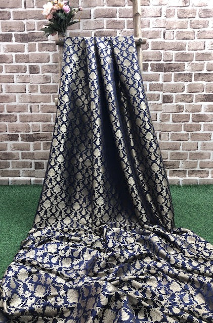 Indian Banarasi Brocade Fabric in Navy Blue and Gold color, Multiple lengths will come in the Continuous piece - NF115