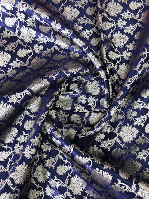 Indian Banarasi Brocade Fabric in Navy Blue and Gold color, Multiple lengths will come in the Continuous piece - NF115